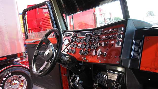 The inside of a Peterbilt cab