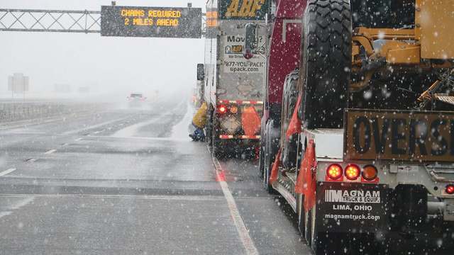 A chains-required sign beside a truck. Winter metal is why the gloves stay in the door