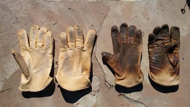 A worn pair of leather work gloves